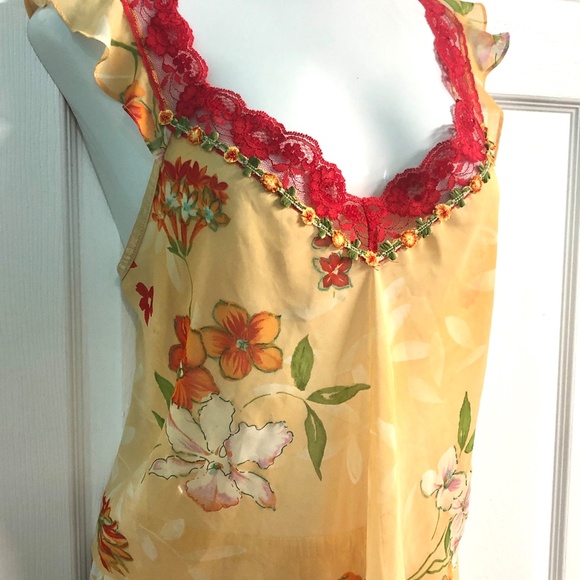 VTG 90s Orange/Red Floral Chiffon Lace Trimmed Culottes Pants/Top Lingerie Set~L - Picture 7 of 10